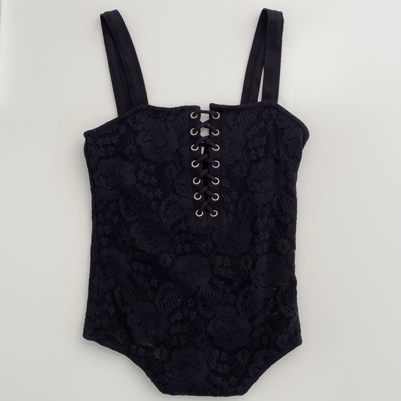 Express One Eleven Black Lace Up Bodysuit - Picture 2 of 3